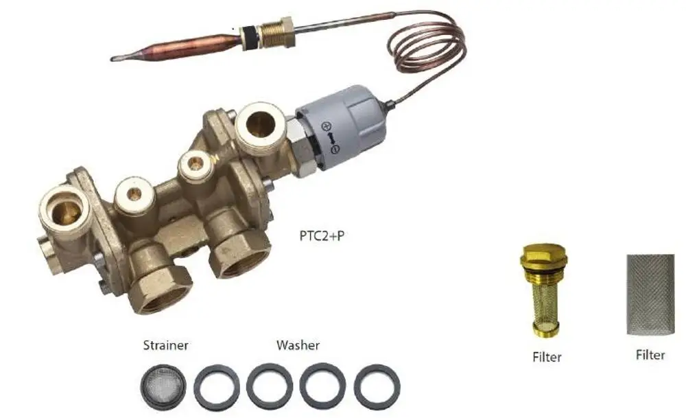 Danfoss Service Kit bestehend aus einem Ventil, einem Temperatursensor und verschiedenen Dichtungen, darunter eine Strainer und Filterelemente.
